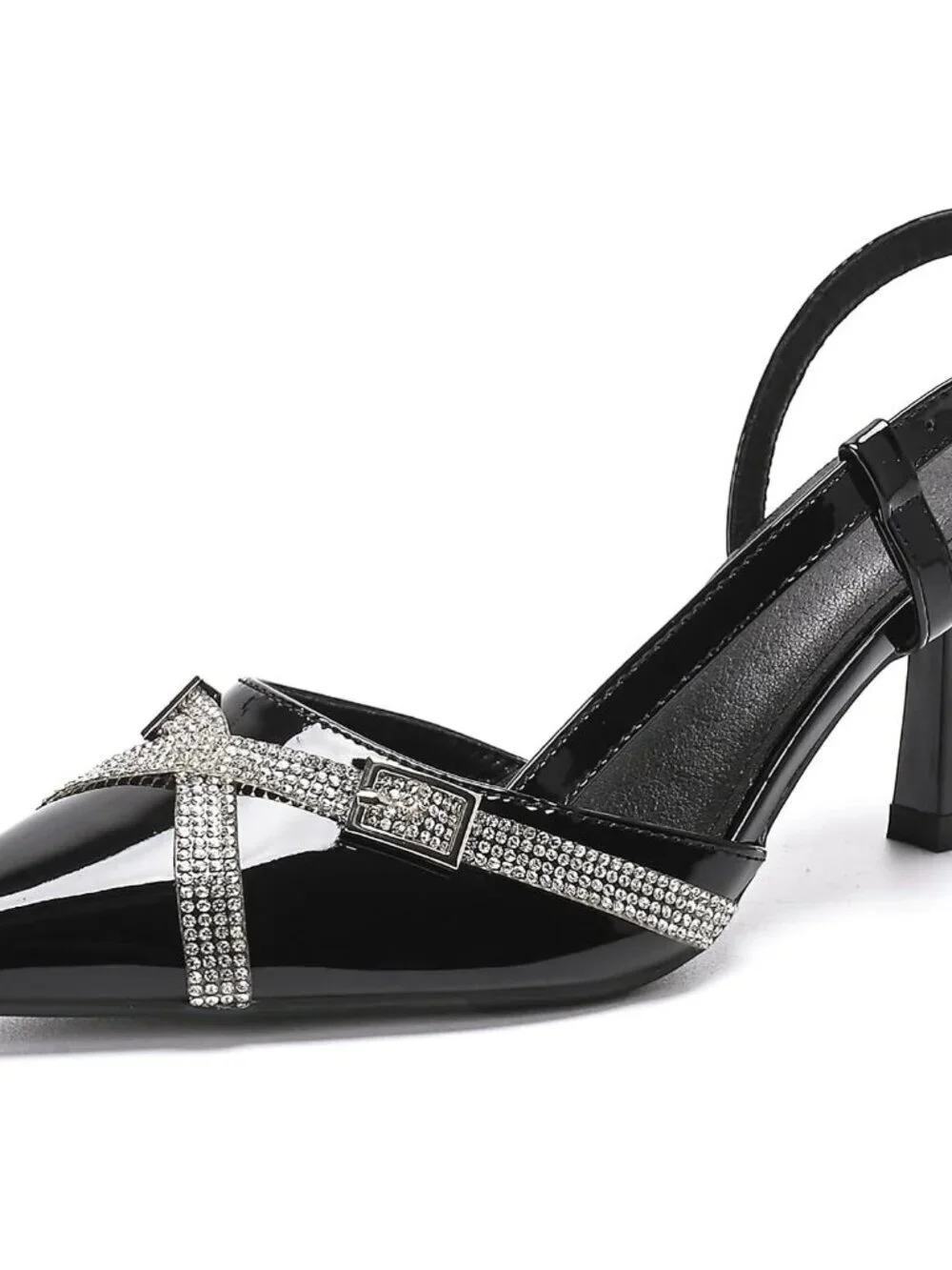 Women's Black Slingback Kitten Heels Rhinestone Pumps Buckle Strap Sandals Shoes